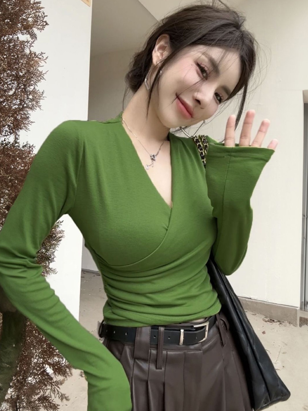 

HERE&NOW Women V - Neck Extended Sleeves Top, Green