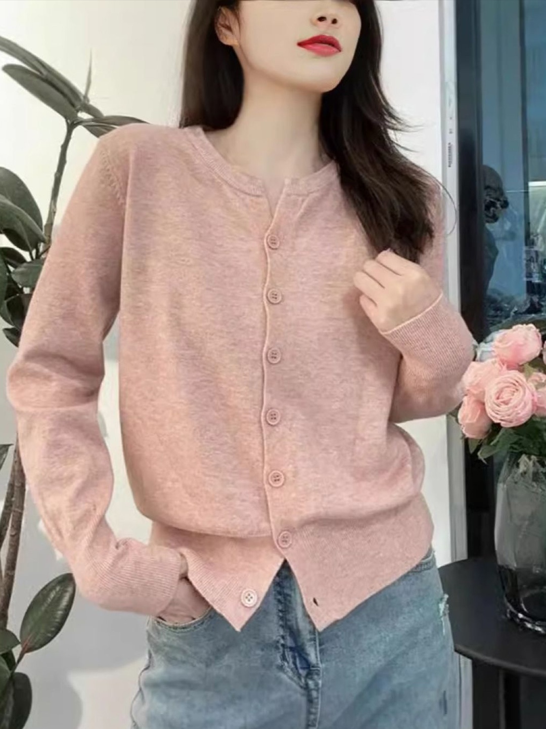 

HERE&NOW Women Round Neck Long Extended Sleeves Top, Pink