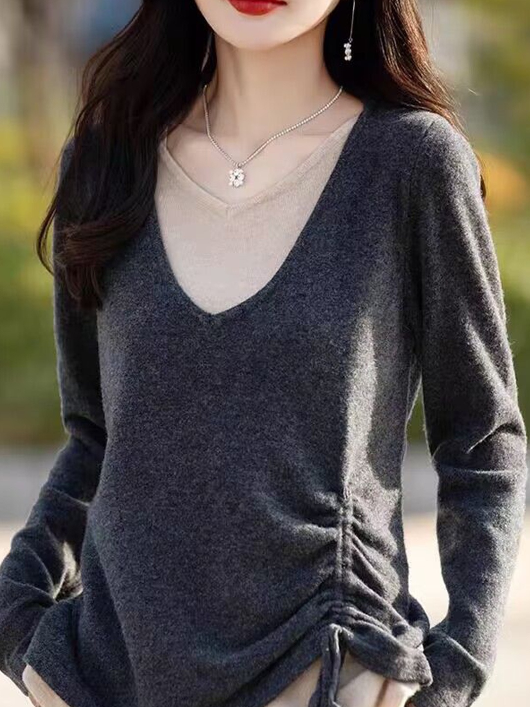 

StyleCast Women V - Neck Long Sleeves Top, Grey