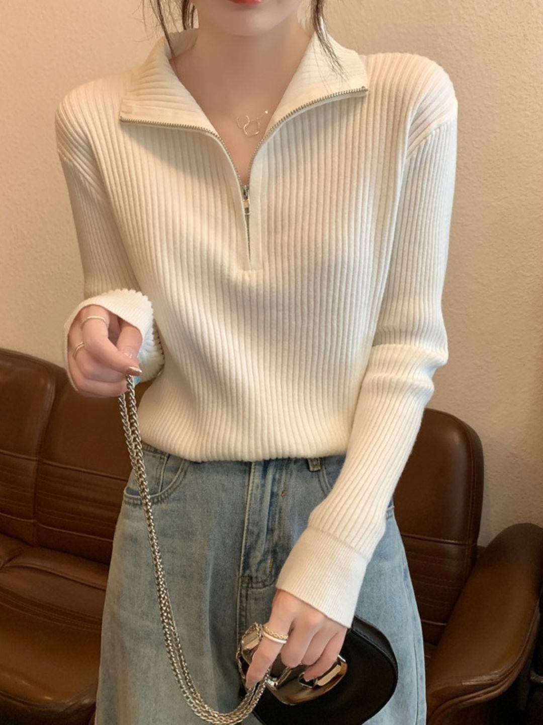 

HERE&NOW Striped Cotton Long High Neck Sleeves Extended Sleeves Cotton Top, White