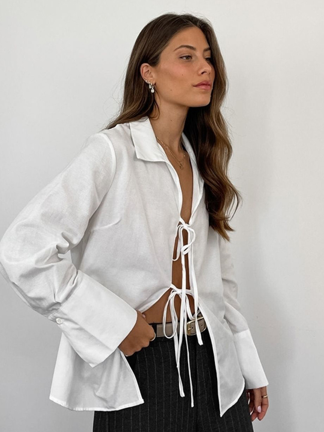 

StyleCast Tie-Up Neck Cotton Shirt Style Top, White