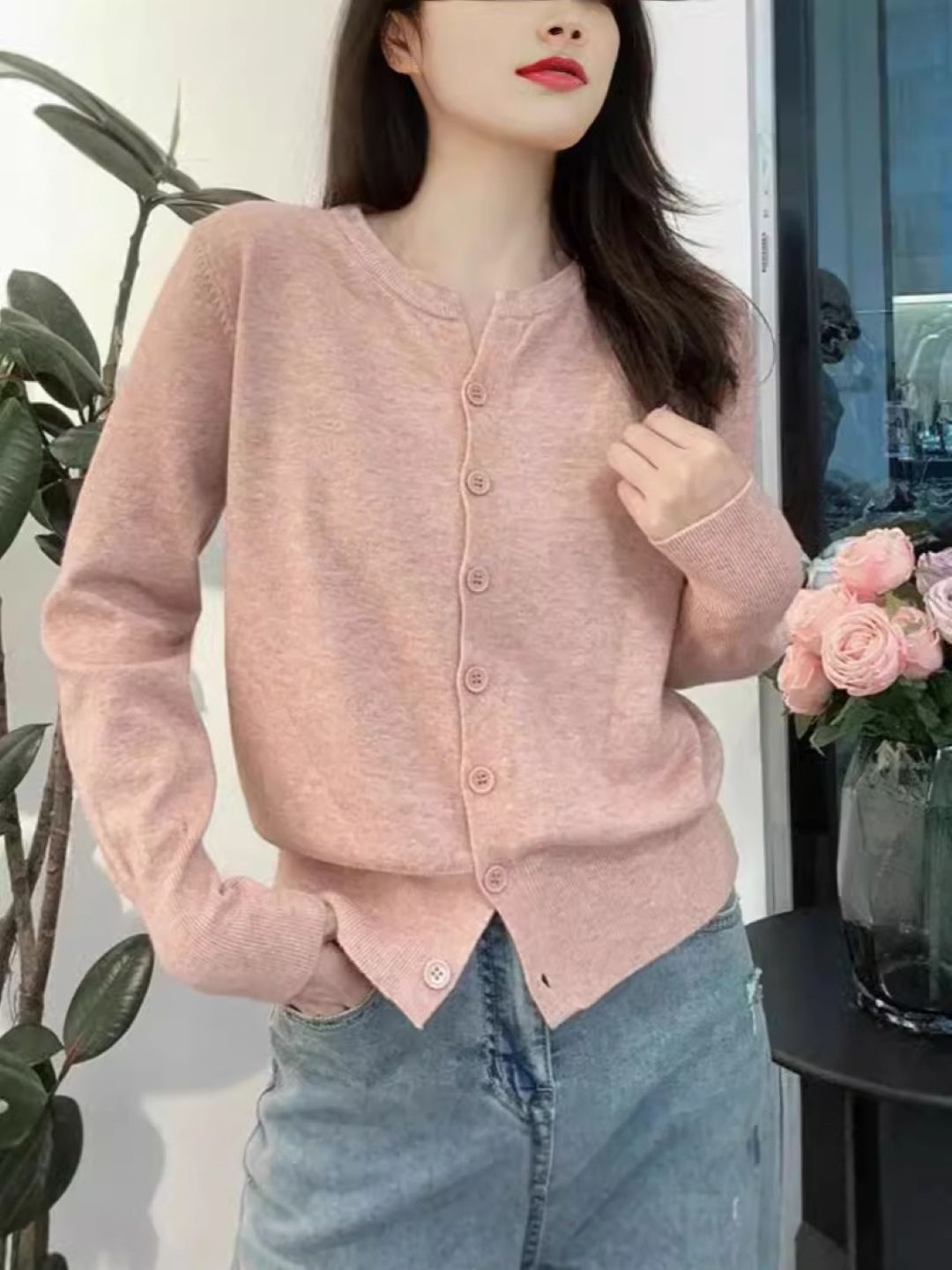 

HERE&NOW Women Round Neck Extended Sleeves Top, Pink
