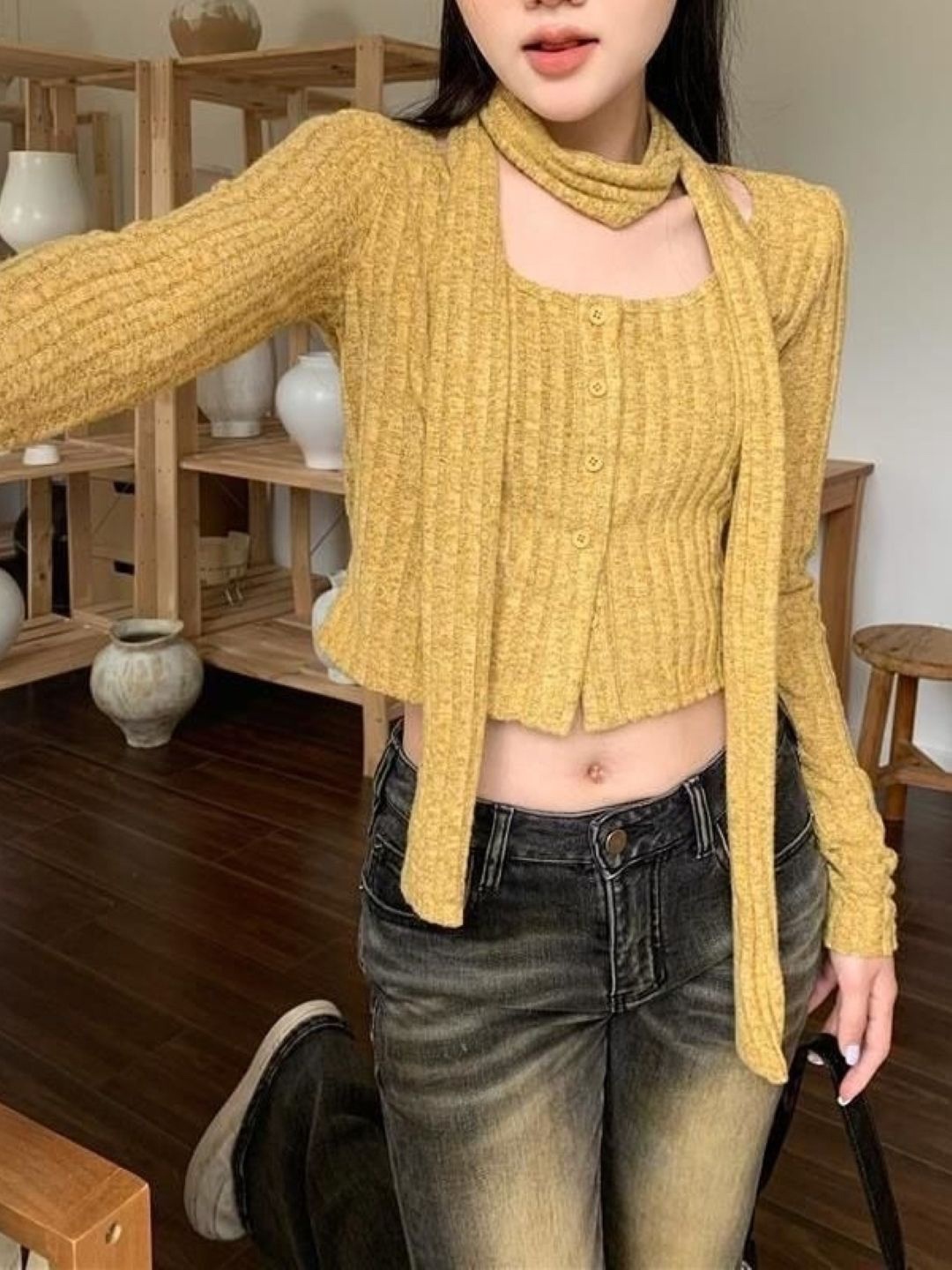 

HERE&NOW Square Neck Crop Top, Yellow