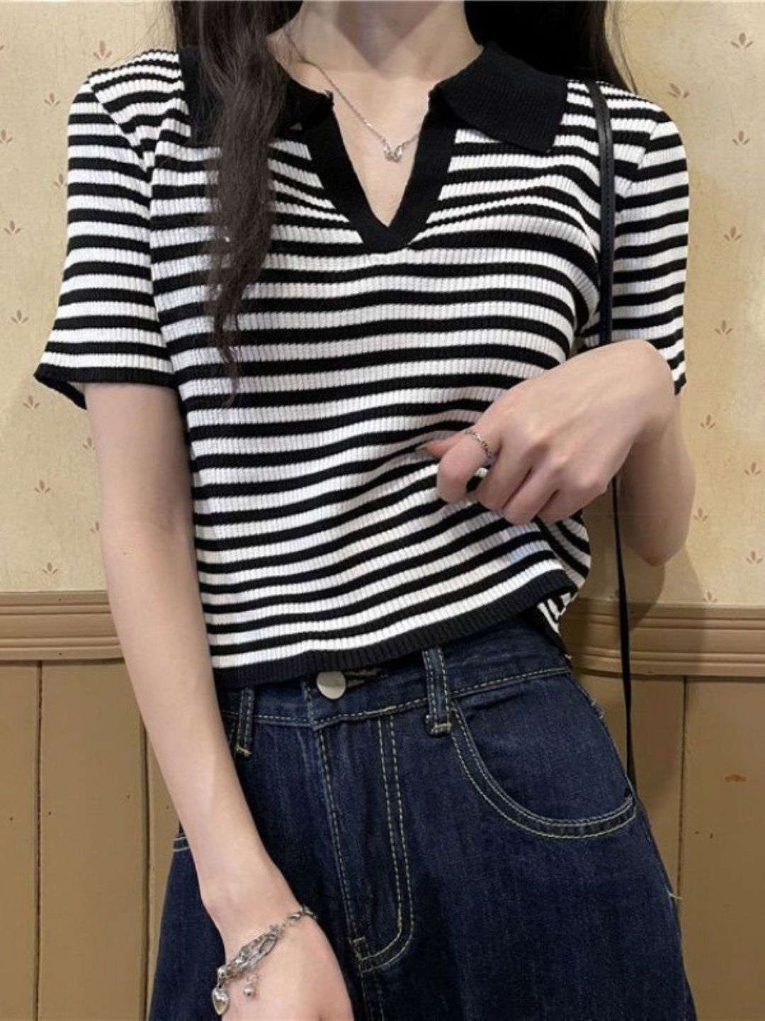 

HERE&NOW Women Striped Shirt Collar Top, Black