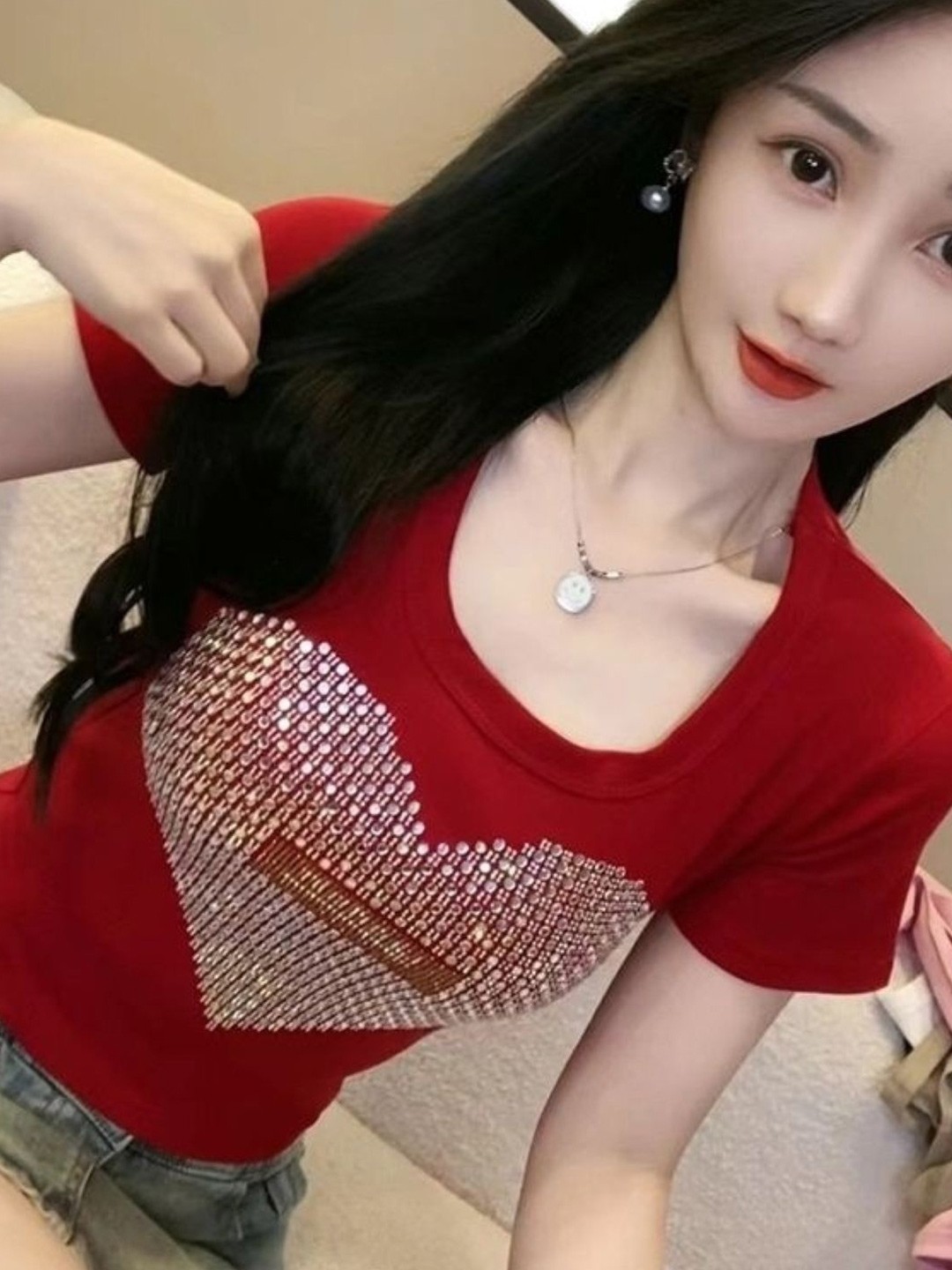 

HERE&NOW Women Scoop Neck Graphic Printed Top, Red