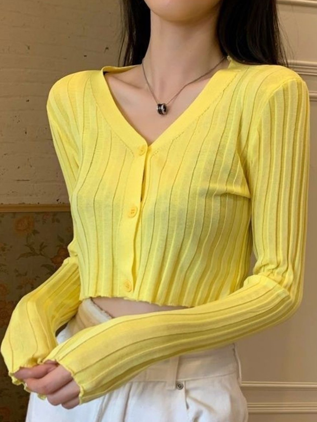 

HERE&NOW Women V-Neck Extended Sleeves Crop Top, Yellow