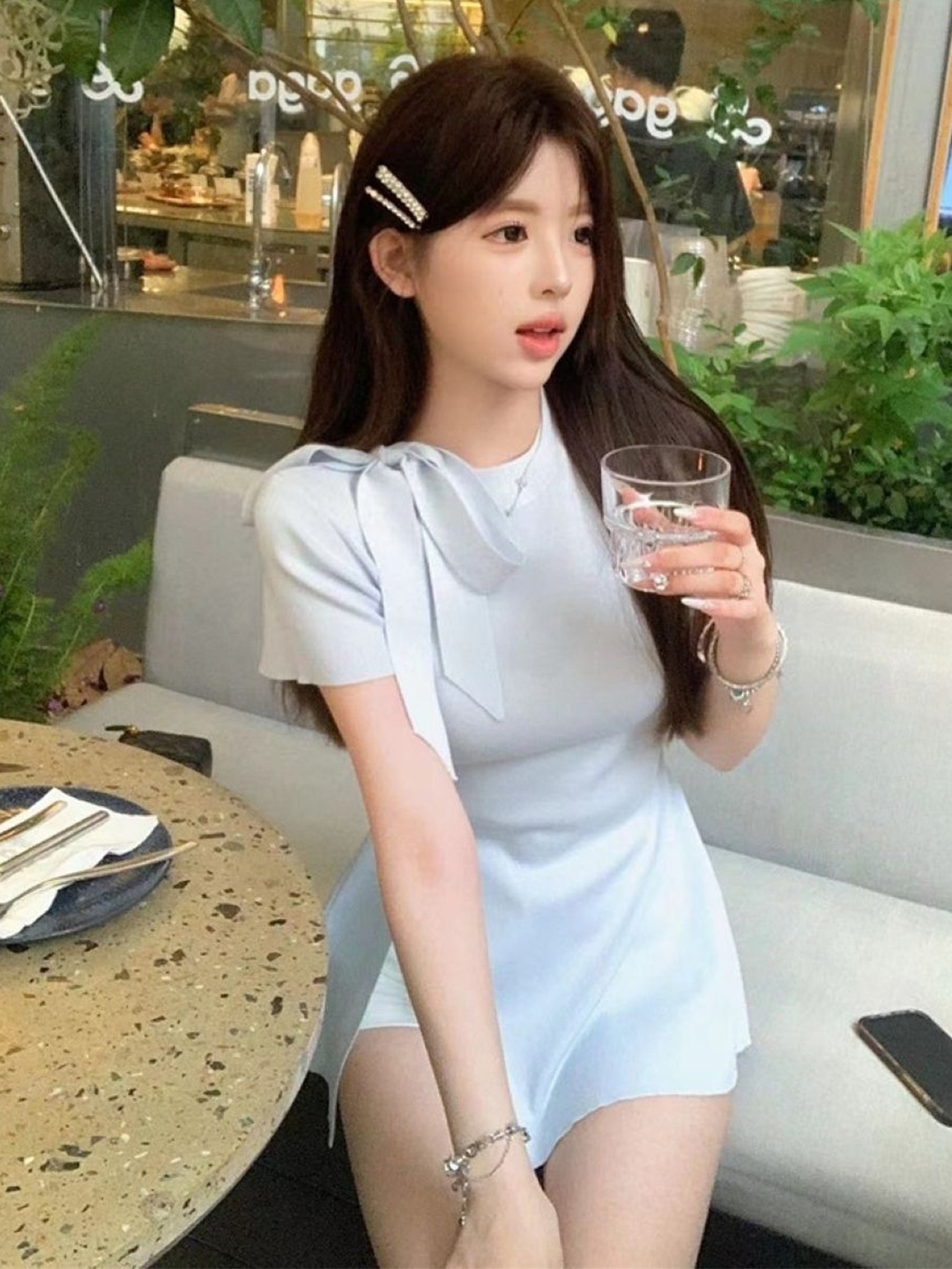 

KPOP Women Round Neck Top With Tie-up Details, Blue