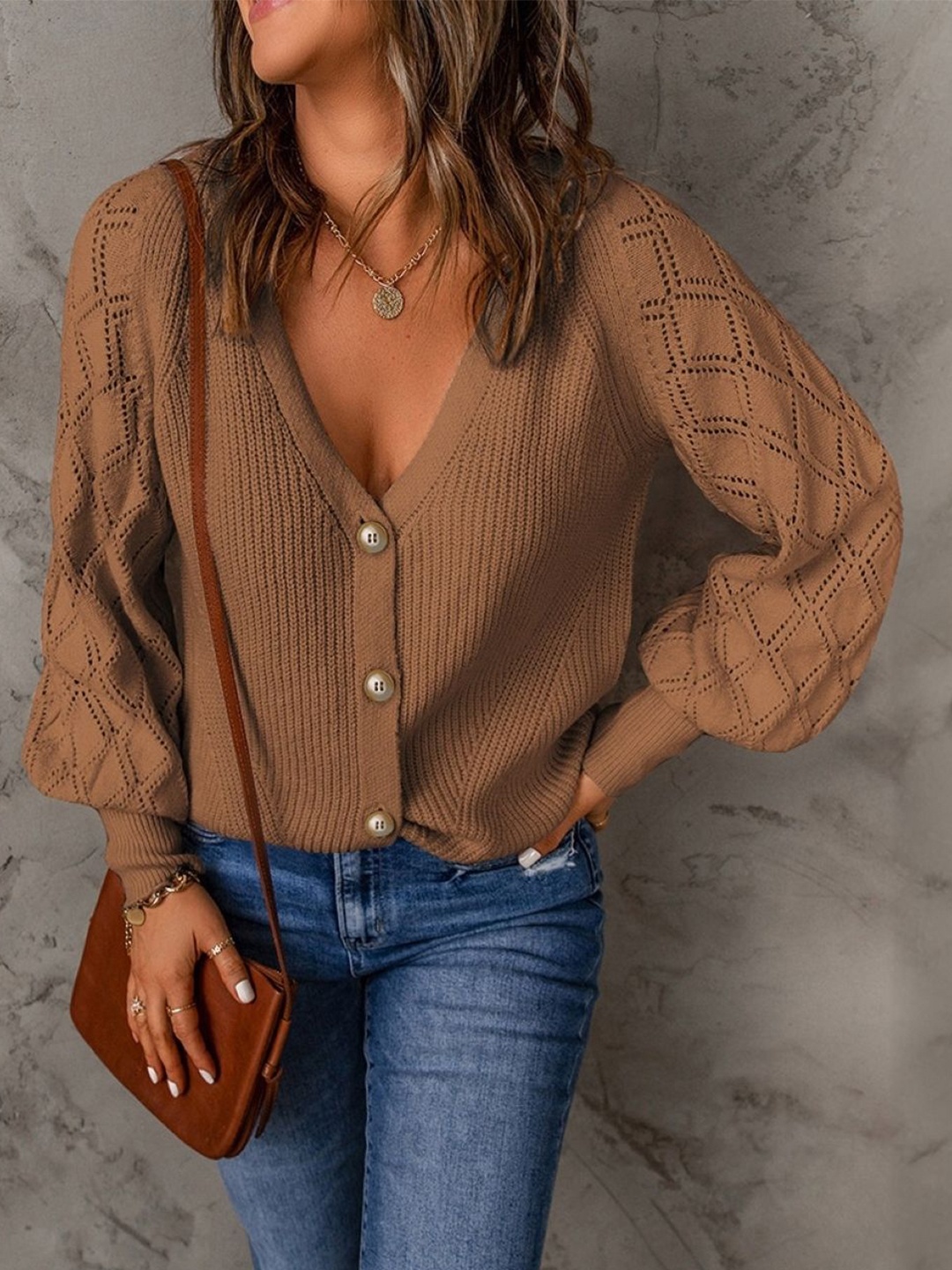 

StyleCast Women V-Neck Long Sleeves Front-Open Sweater, Brown