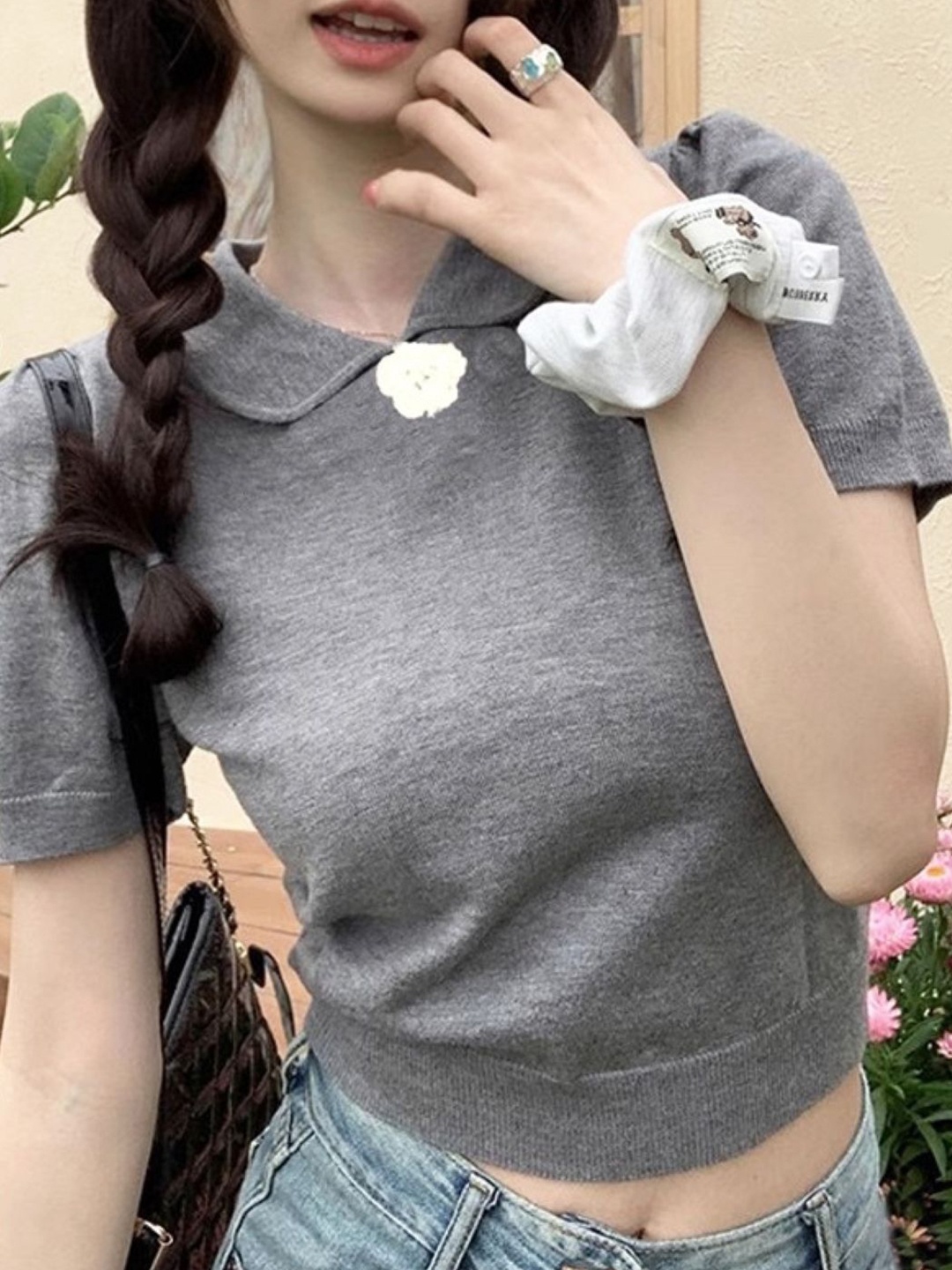 

KPOP Shirt Collar Short Sleeves Top, Grey