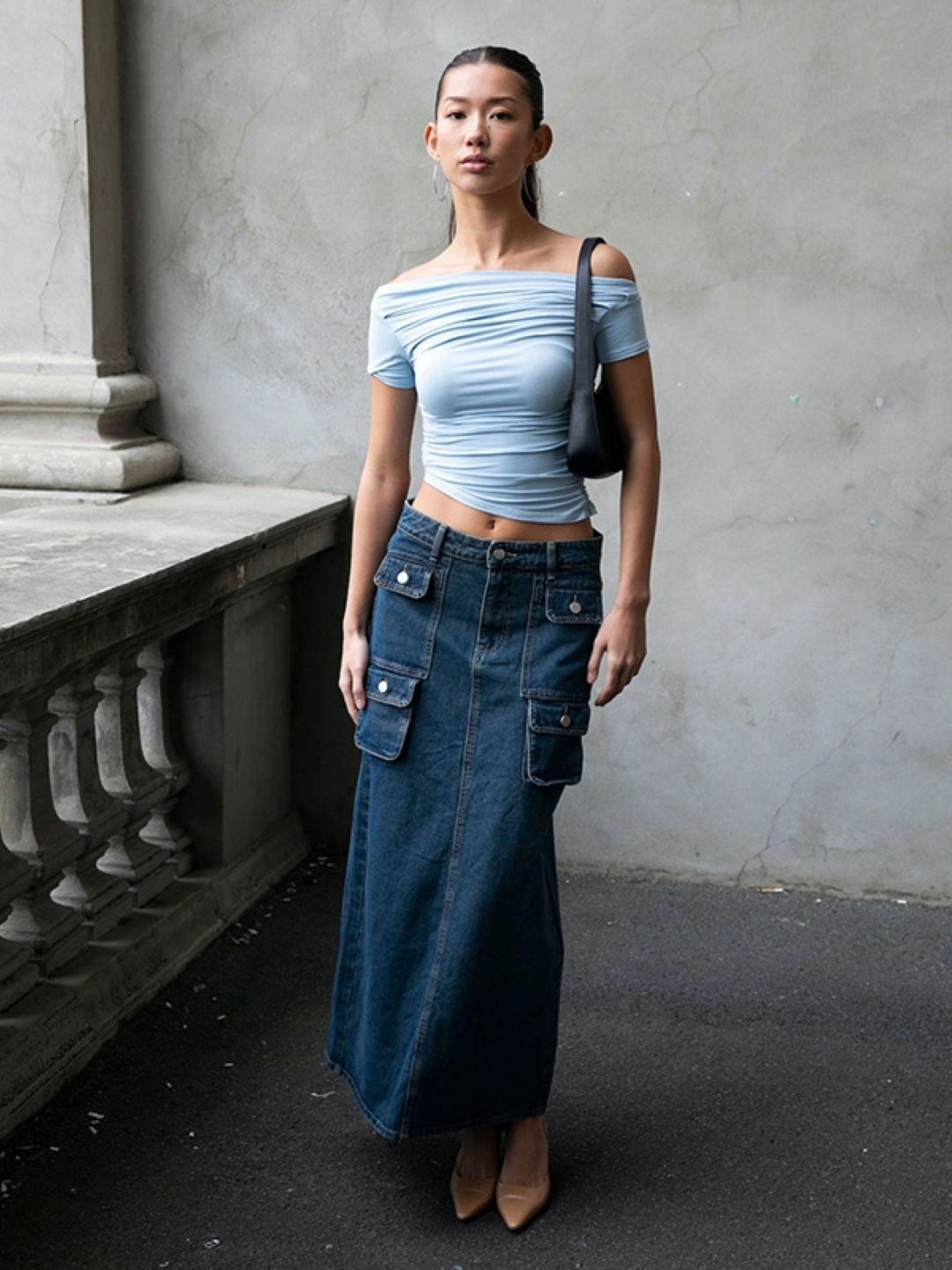 

KPOP Off-Shoulder Regular Sleeves Ruched Off-Shoulder Fitted Crop Top, Blue