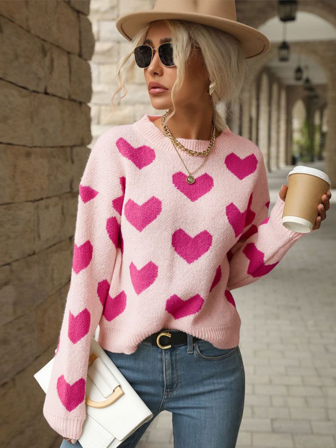 

StyleCast Women Printed Long Sleeves Round Neck Pullover Sweaters, Pink