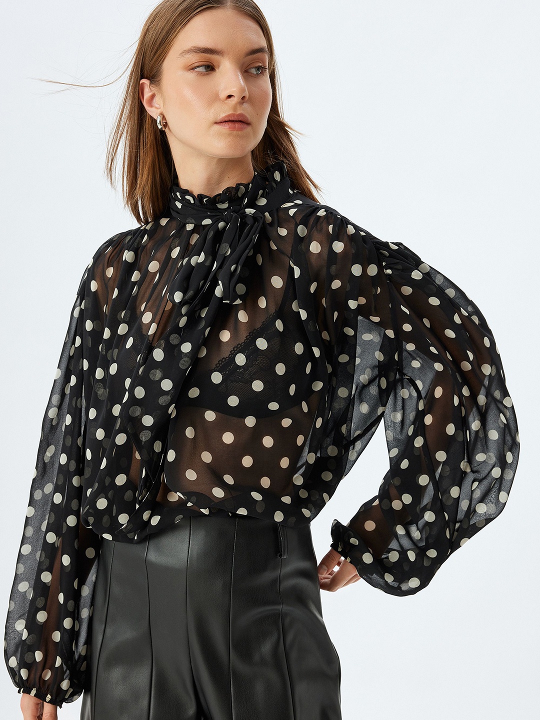 

Koton Women Polka Dot Printed Bishop Sleeves Top, Black