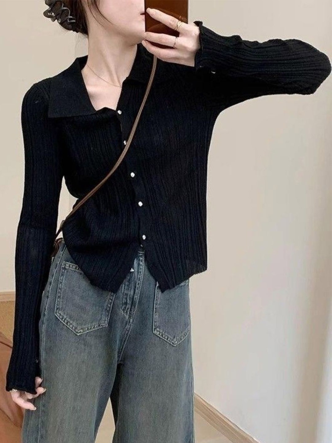

HERE&NOW Womens Polyester Shirt Collar Long Sleeves Top, Black