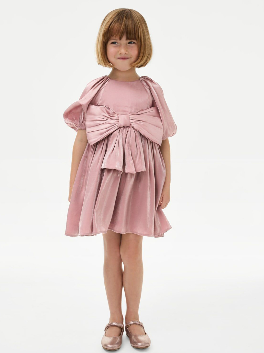 

Marks & Spencer Girls Round Neck Fit and Flare Bow Detailed Dress, Pink