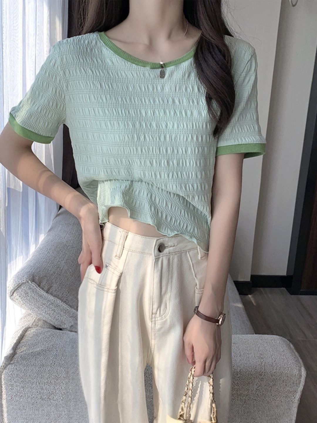 

HERE&NOW Women Round Neck Short Sleeves Top, Green