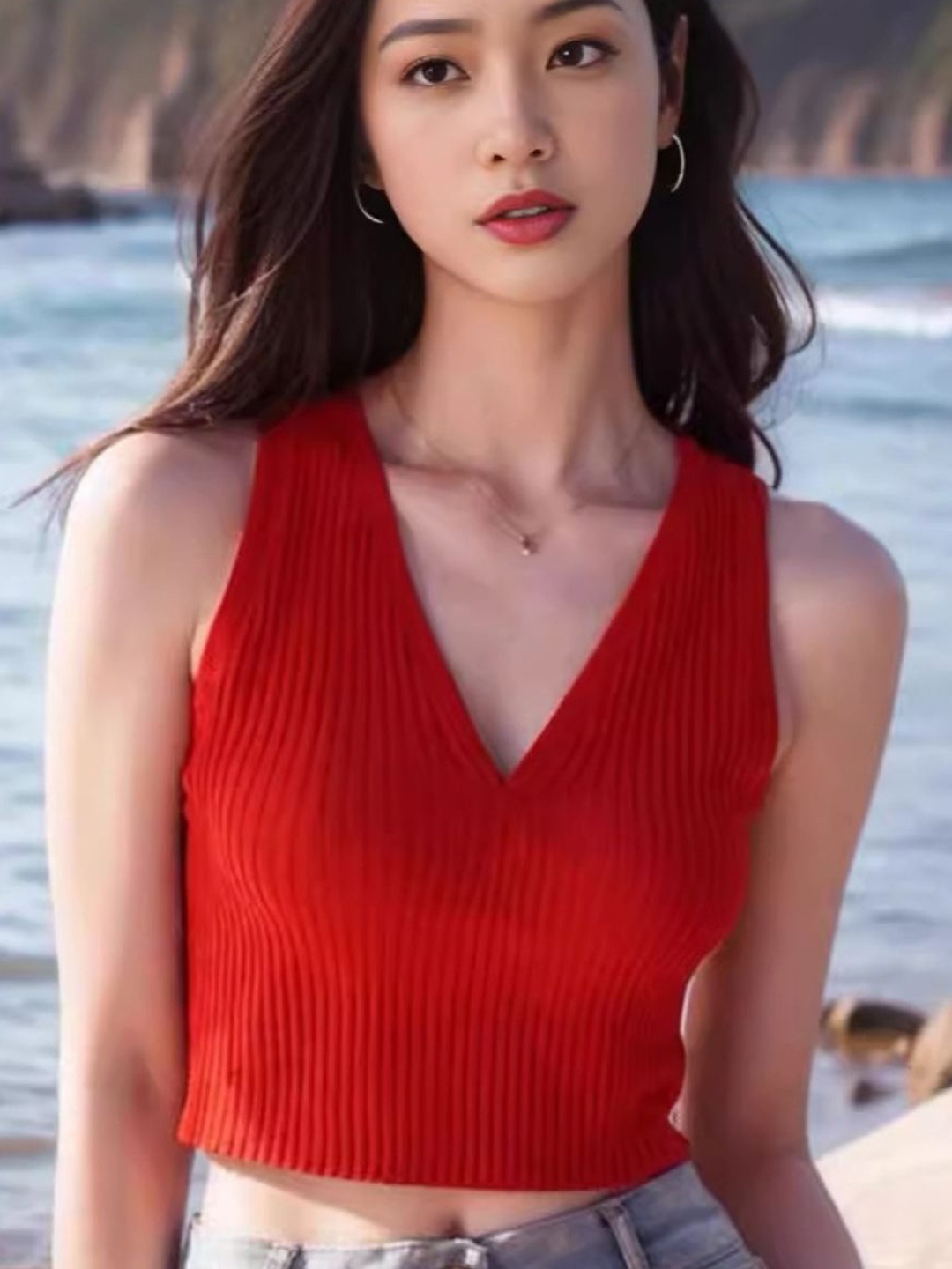 

KPOP Women V-Neck Sleeveless Crop Top, Red