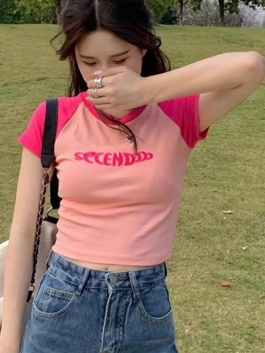 

HERE&NOW Women Round Neck Short Sleeves Crop Top, Pink