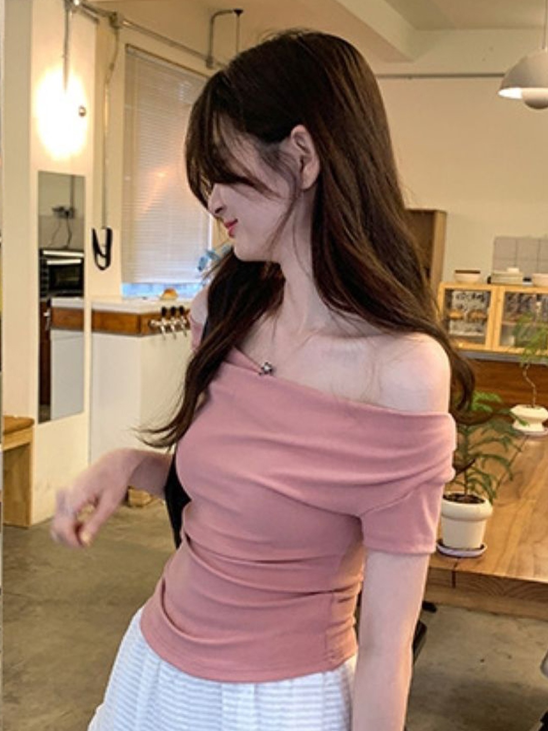 

HERE&NOW Women Off-Shoulder Crop Top, Pink