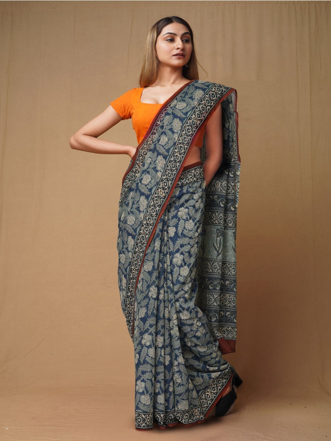 

Unnati Silks Floral Printed Pure Cotton Kota Saree, Blue