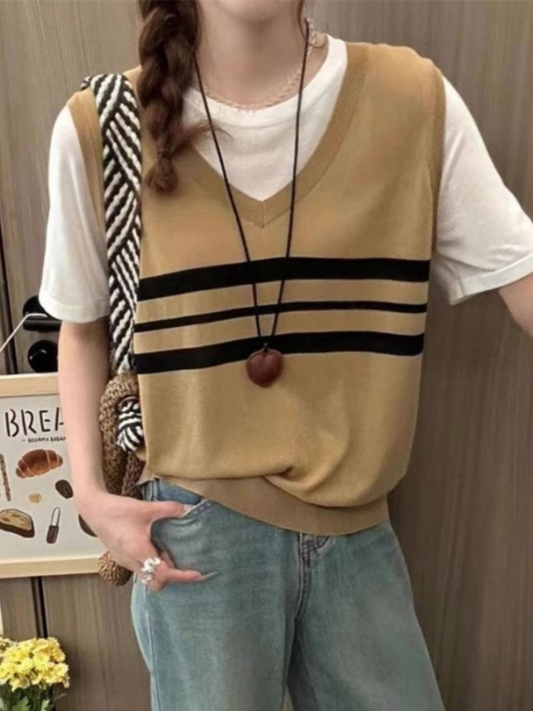 

KPOP Women Striped Pure Cotton Top, Brown