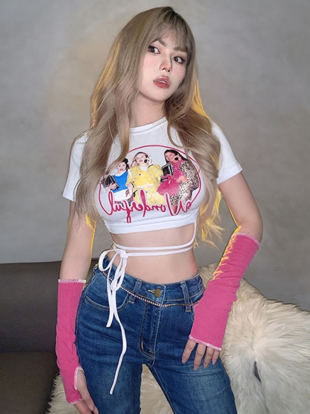 

HERE&NOW Women Round Neck Printed Crop Top, White
