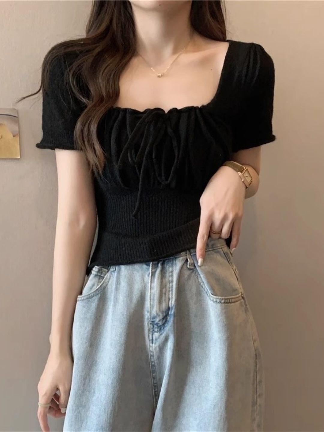 

HERE&NOW Women Short Sleeves Woollen Top, Black