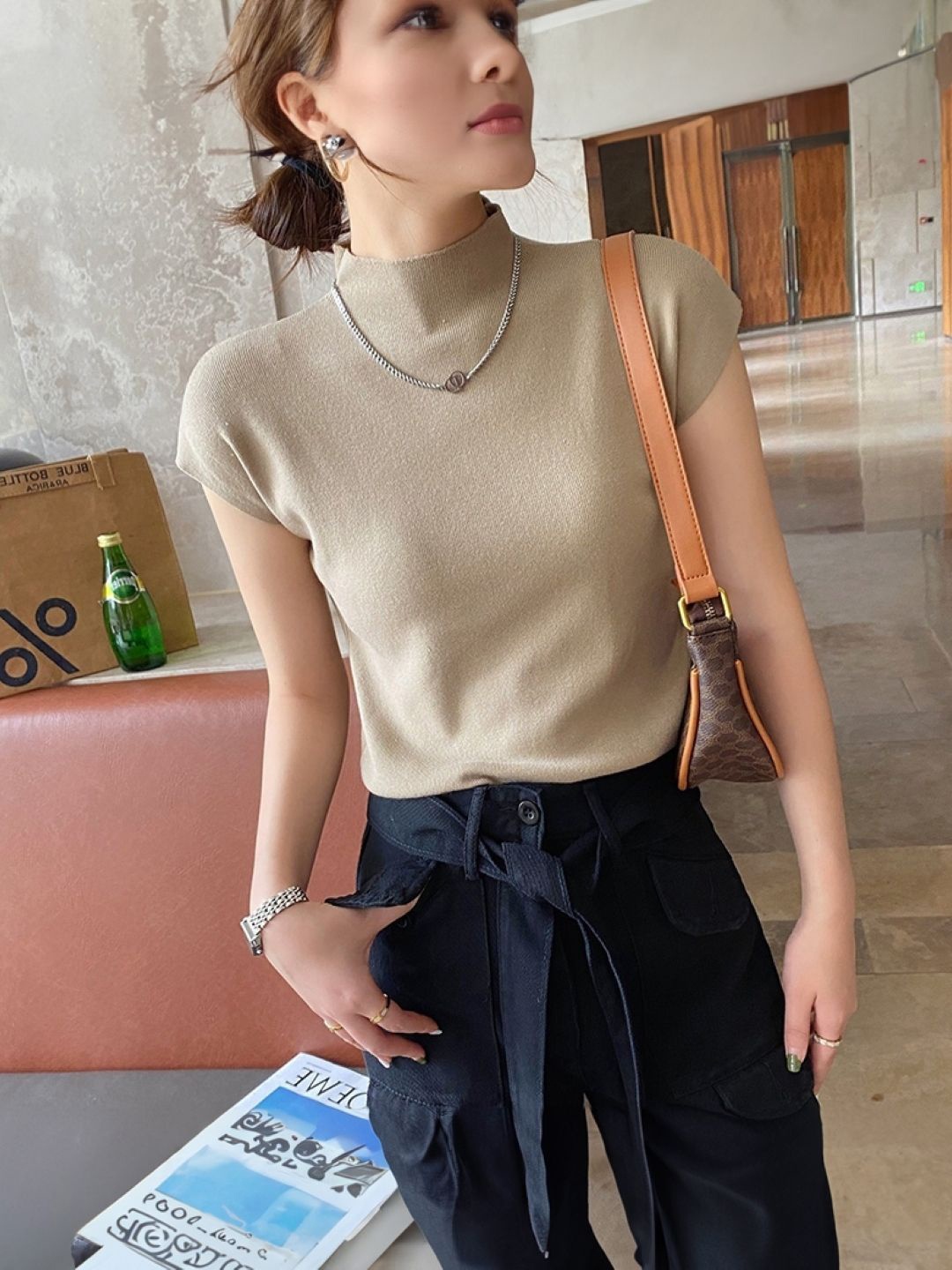 

HERE&NOW Women High Neck Short Sleeves Top, Khaki