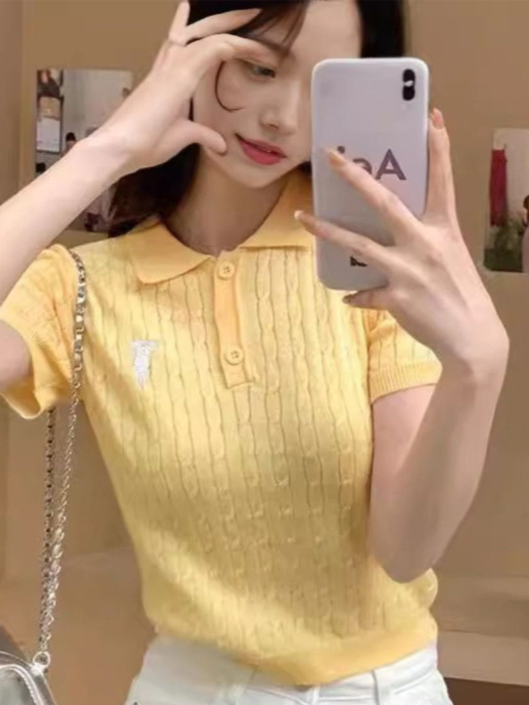 

KPOP Women Shirt Collar Short Sleeves Top, Yellow