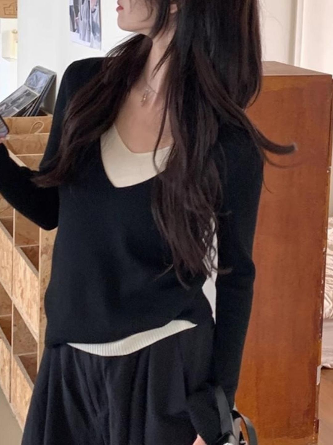 

HERE&NOW Women Extended Sleeves Cotton Top, Black