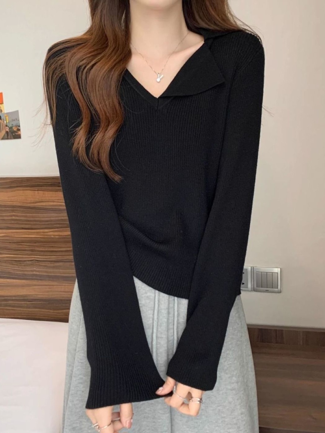 

HERE&NOW Women Striped V-Neck Extended Sleeves Top, Black