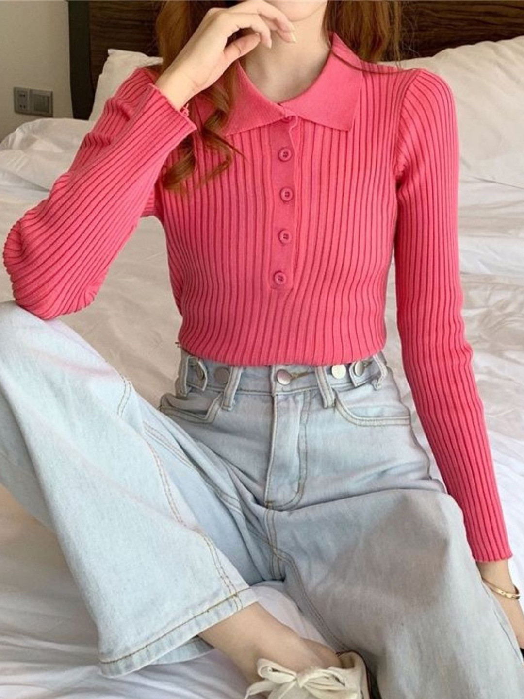 

HERE&NOW Women Striped Shirt Collar Extended Sleeves Top, Pink