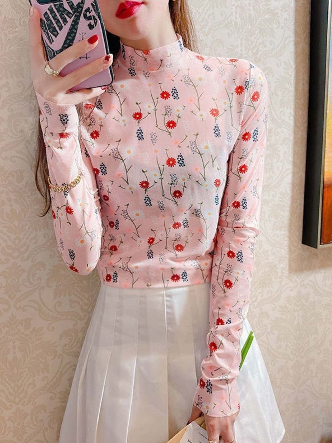 

HERE&NOW Floral Printed High Neck Regular Top, Pink