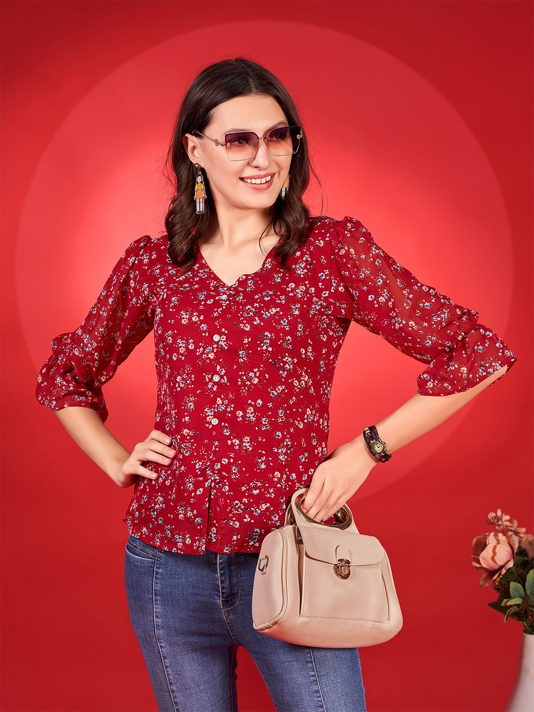 

Fashion2wear Floral Printed Puff Sleeve Georgette Top, Red
