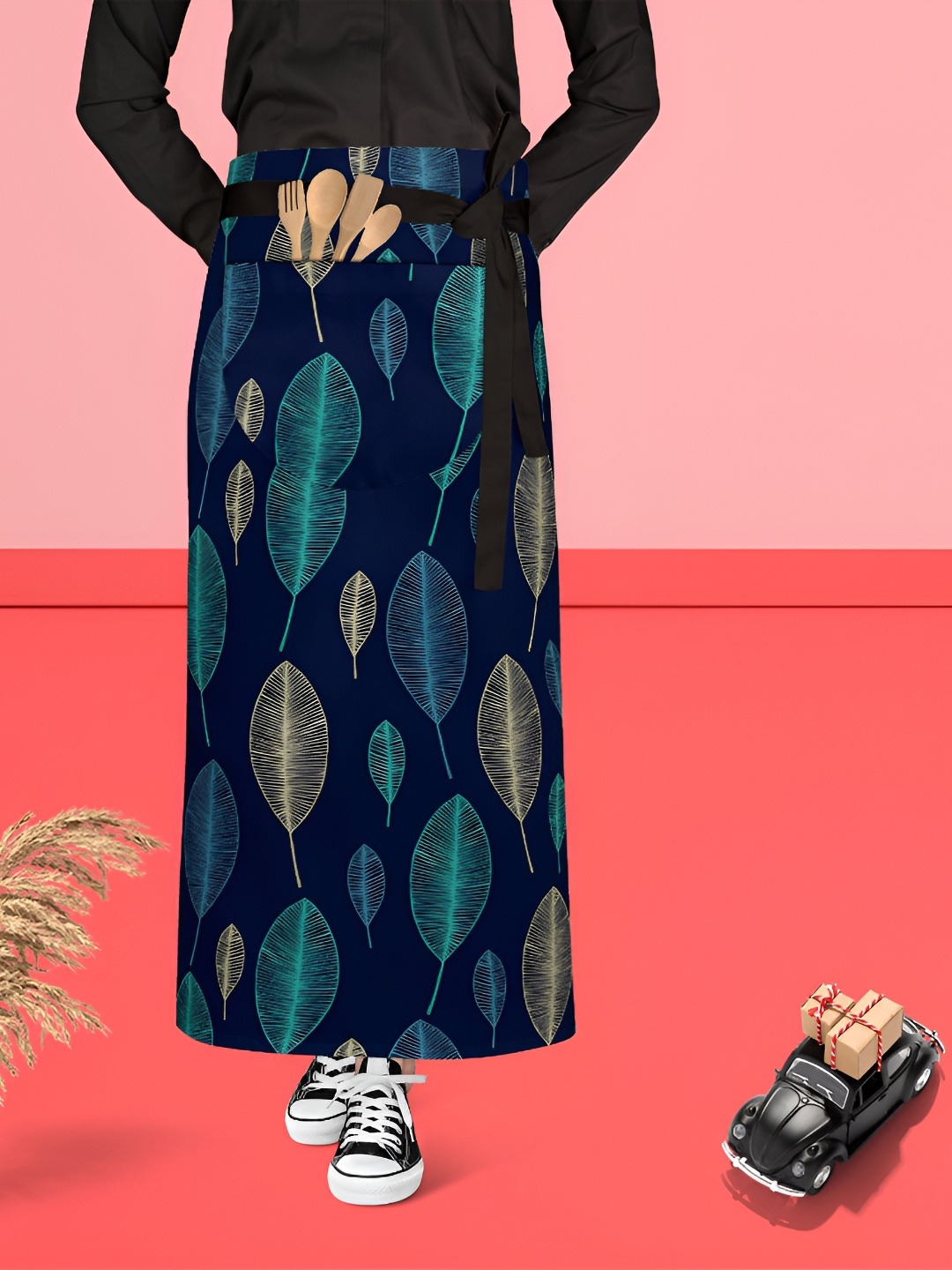 

ArtzFolio Navy Blue & Green Cotton Printed Waist to Feet Apron