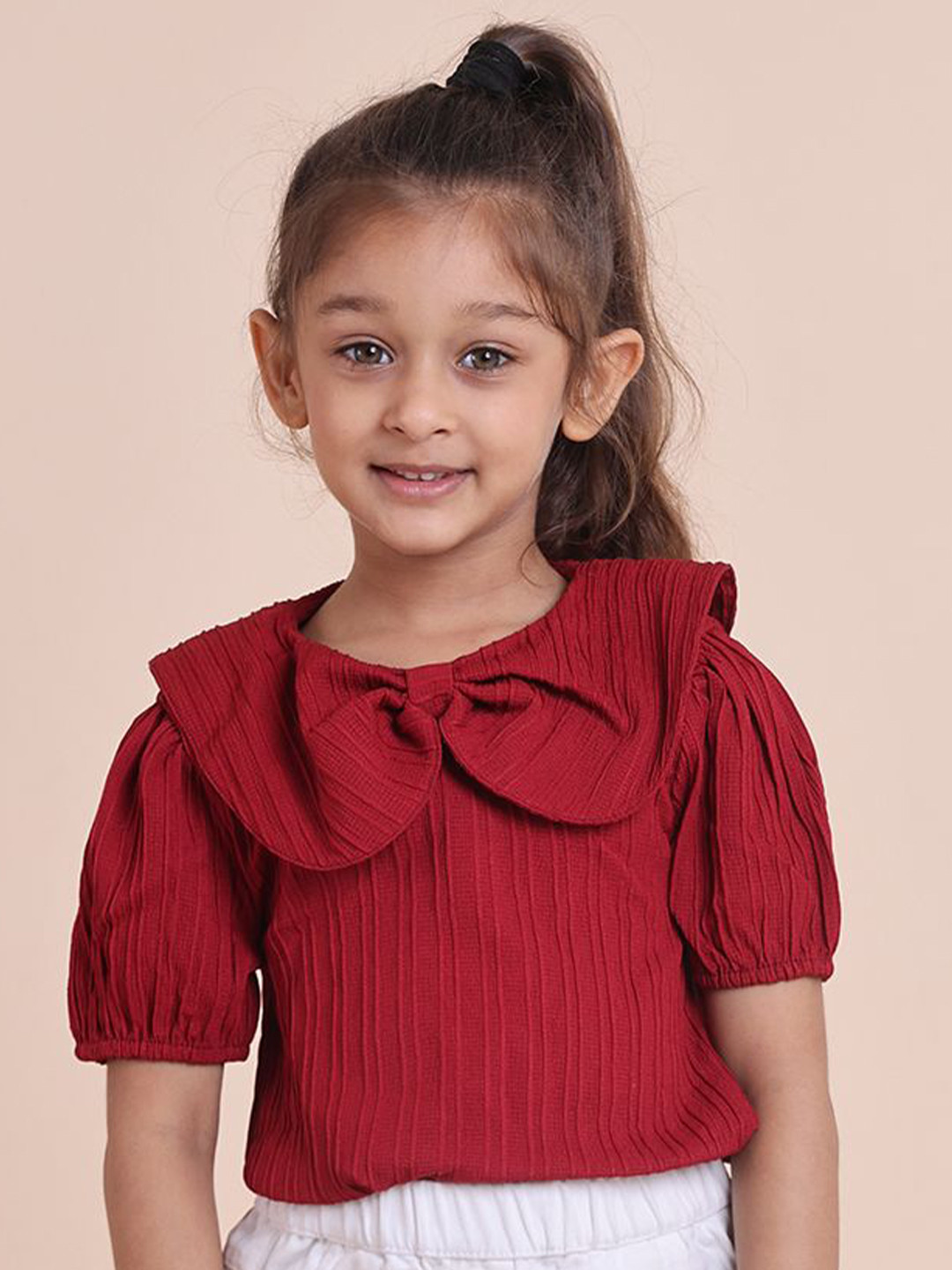 

House of Spades Girls Solid Peter Pan Collar Puff Sleeve Top, Red