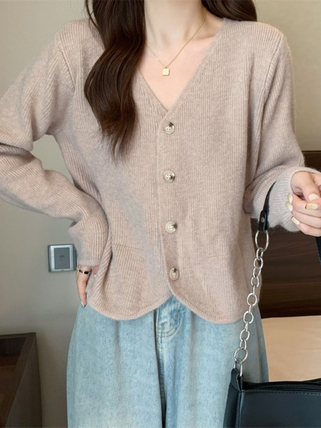 

HERE&NOW Women V-Neck Self Design Long Sleeves Top, Khaki
