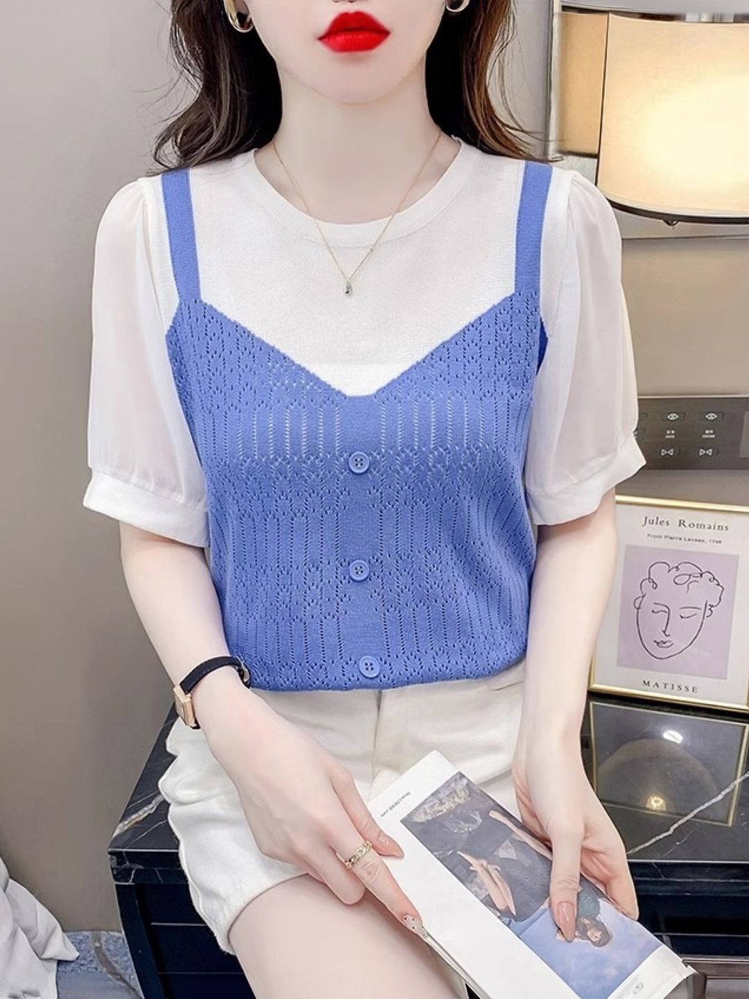 

KPOP Women Round Neck Short Sleeves Top, Blue