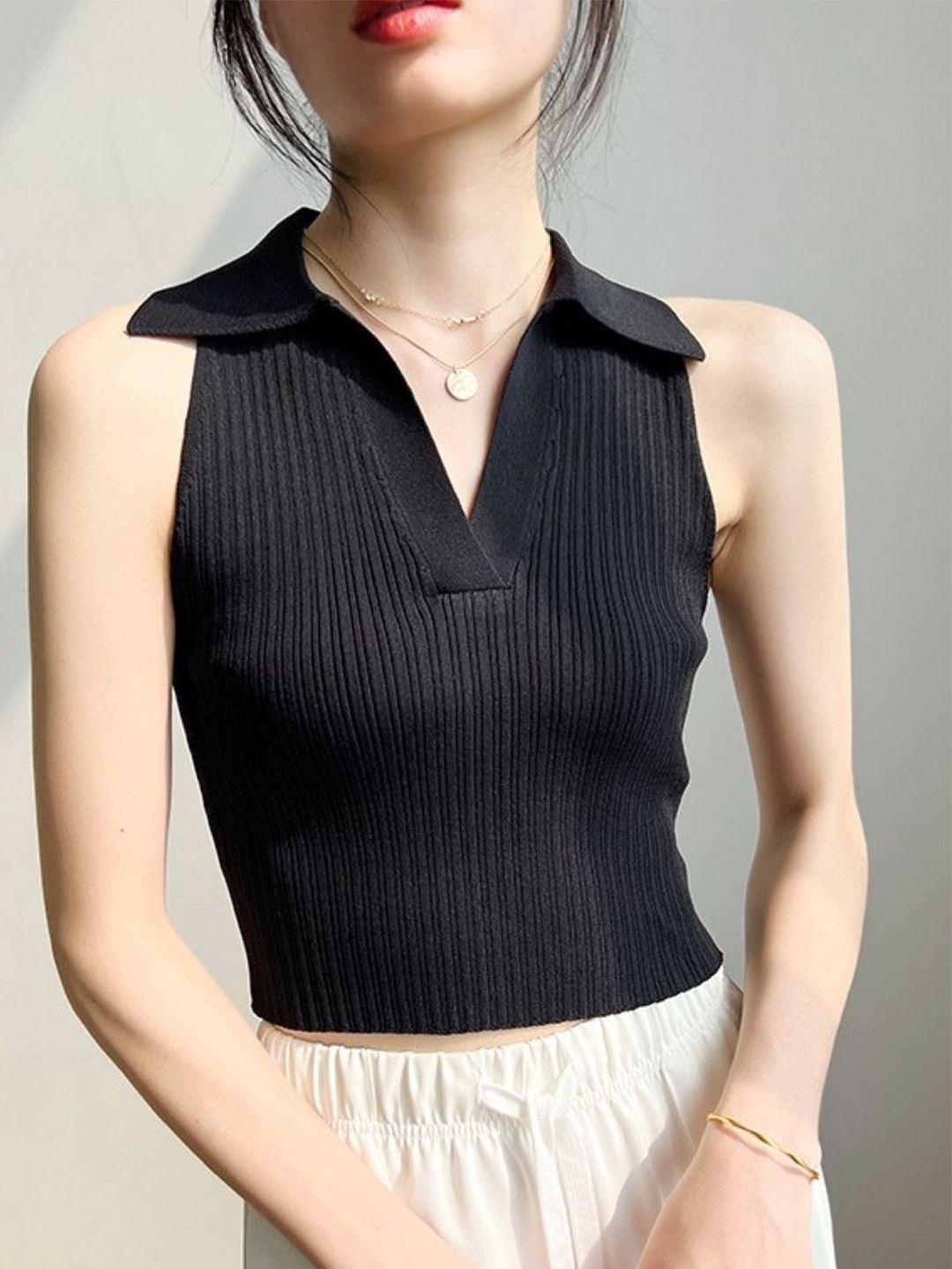 

HERE&NOW Women Shirt Collar Top, Black