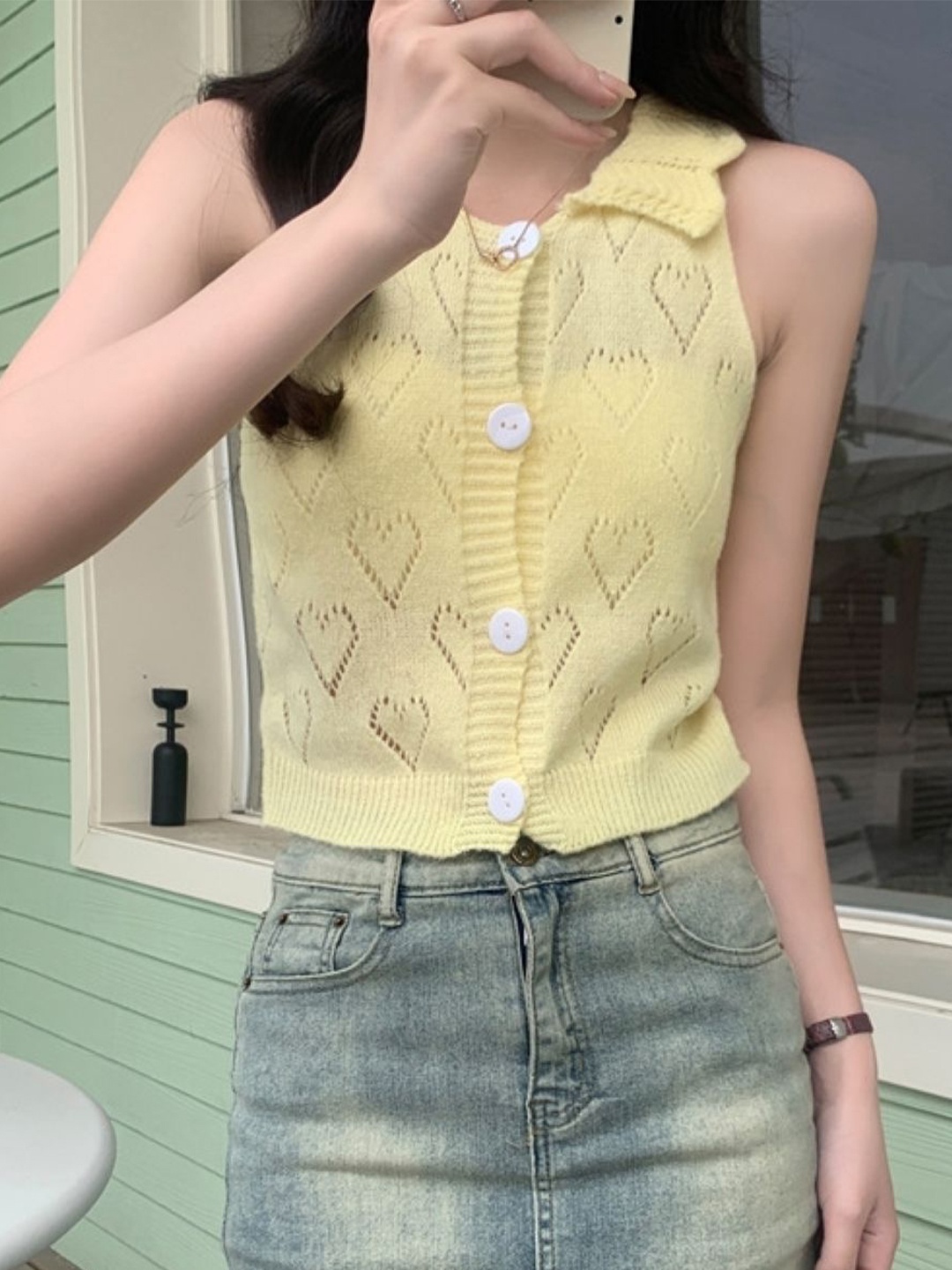 

KPOP Women Shirt Collar Sleeveless Top, Yellow