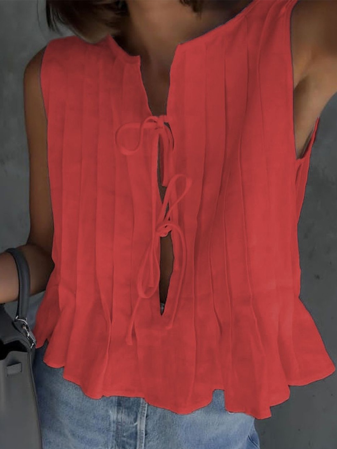 

KPOP Women Tie-Up Neck Sleeveless Top, Red