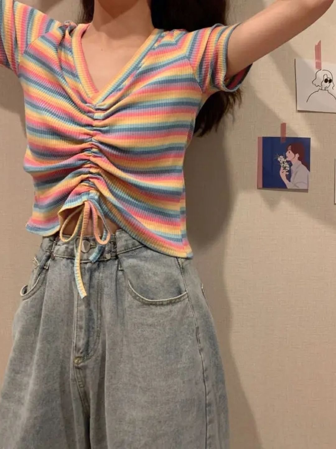 

KPOP Women Striped Waist Tie-Ups Top, Pink