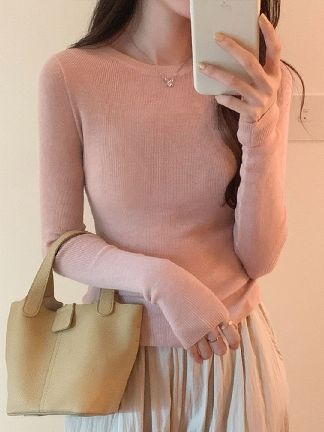 

HERE&NOW Women Round Neck Extended Sleeves Top, Pink