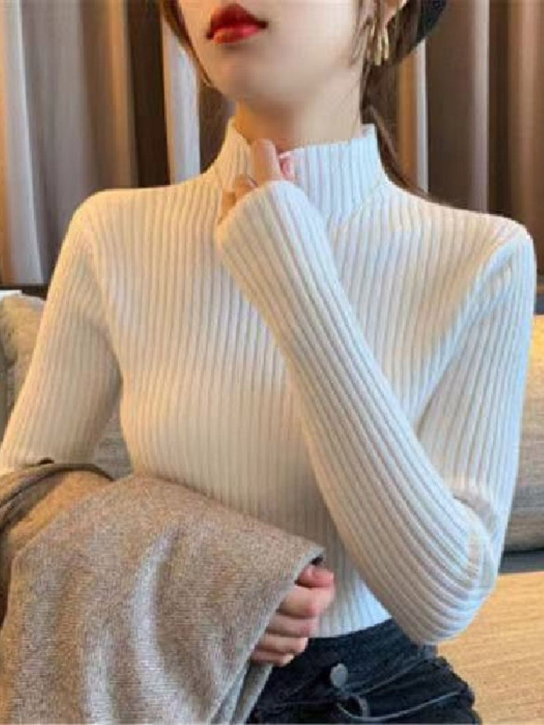 

HERE&NOW Women High Neck Long Extended Sleeves Top, White