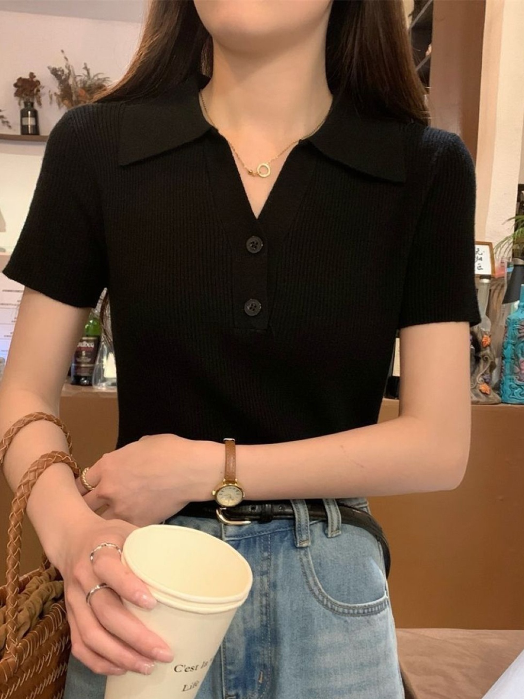 

HERE&NOW Women Shirt Collar Regular Top, Black