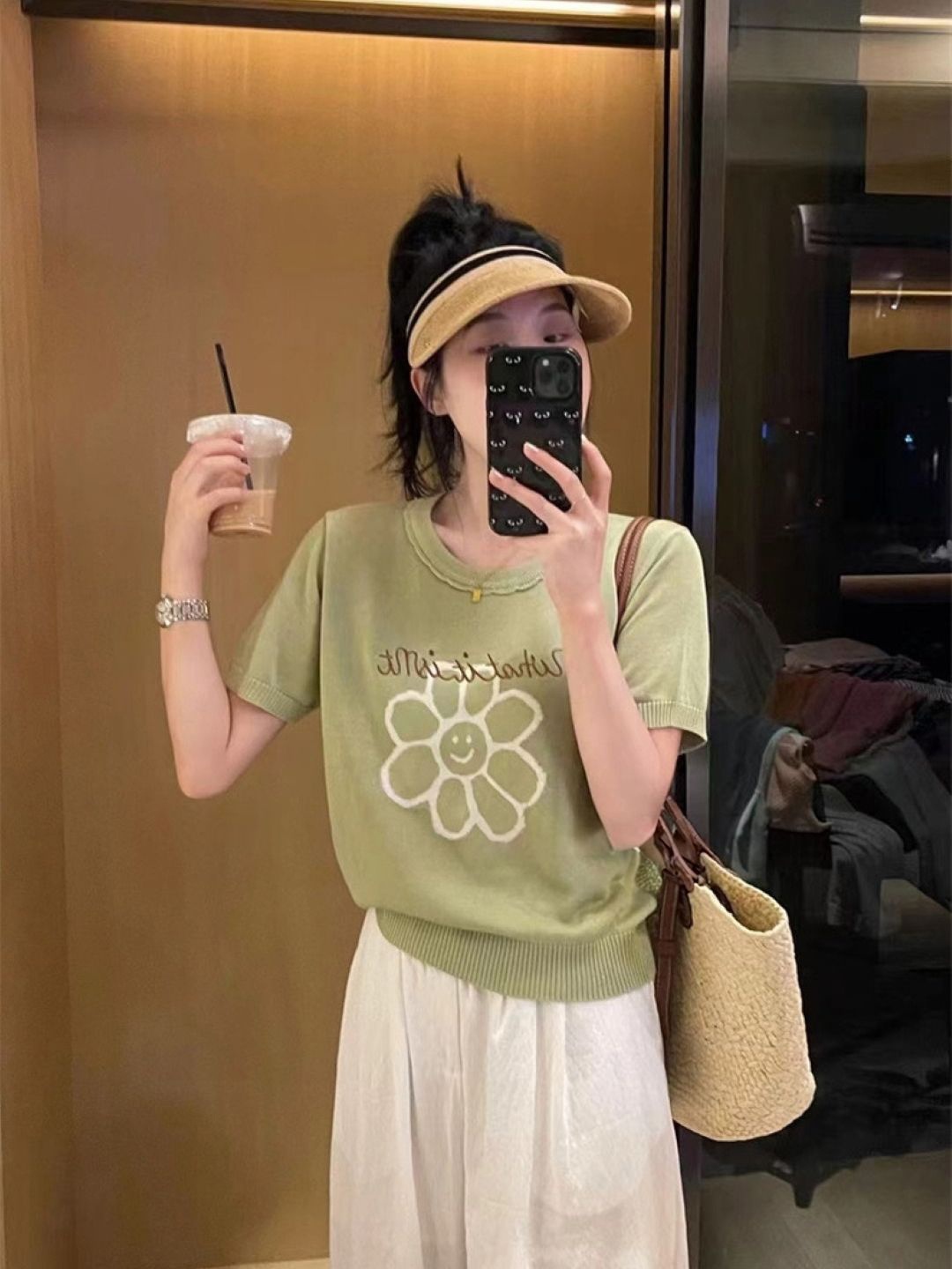 

KPOP Women Round Neck Short Sleeves Pure Cotton Top, Green