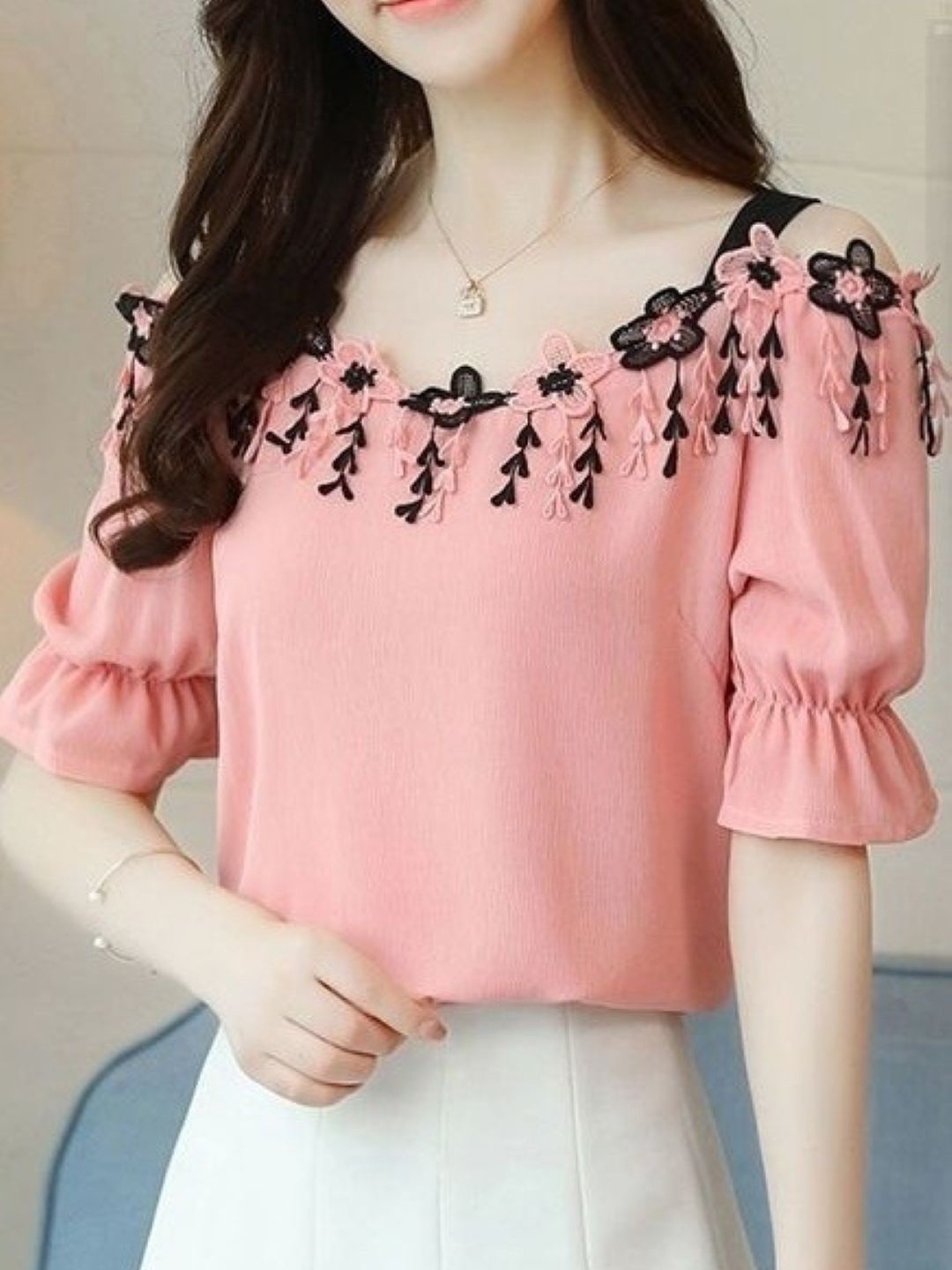 

HERE&NOW Women Floral Embroidered Bell Sleeves Lace Inserts Top, Pink