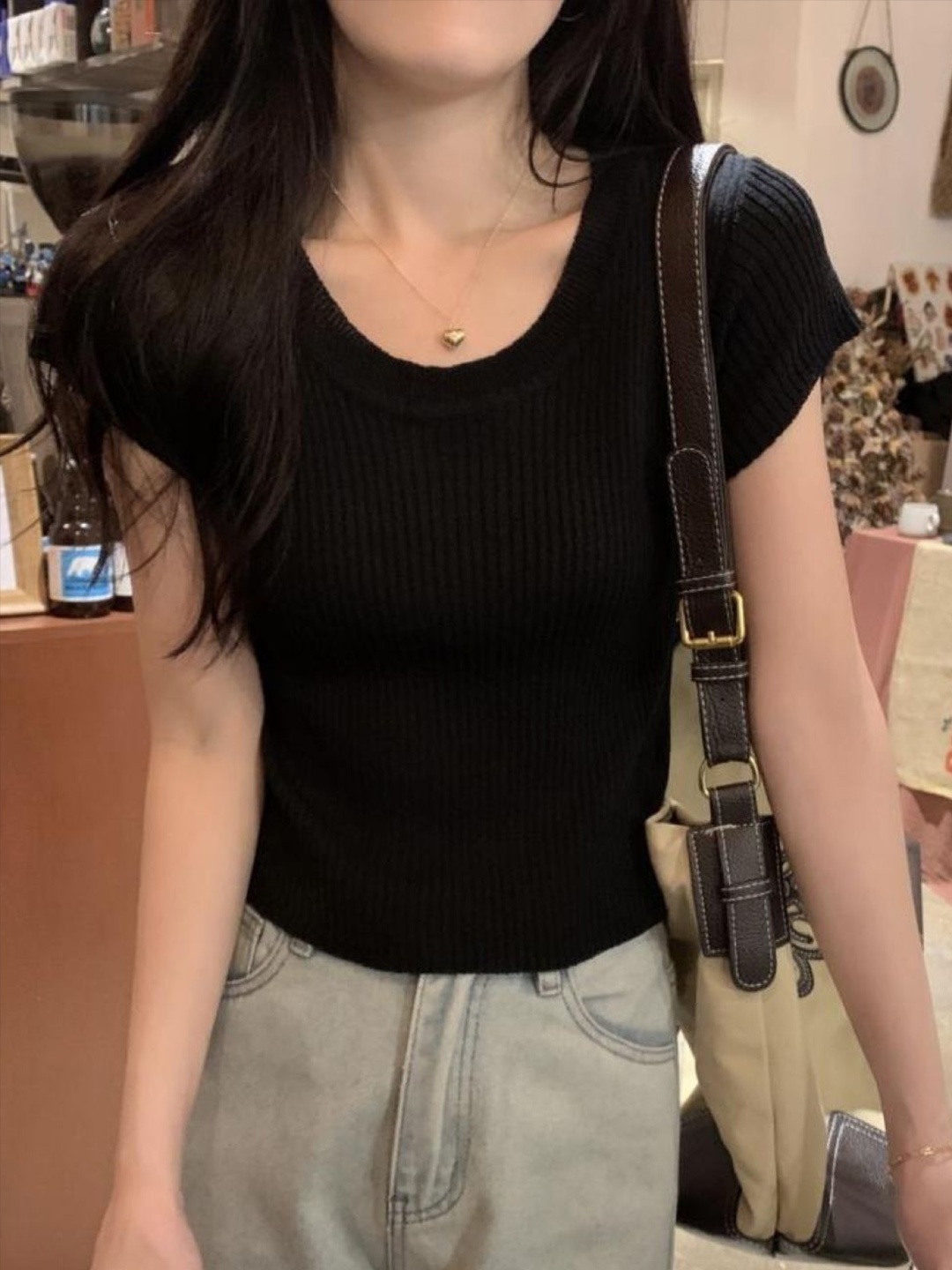 

HERE&NOW Round Neck Regular Top, Black