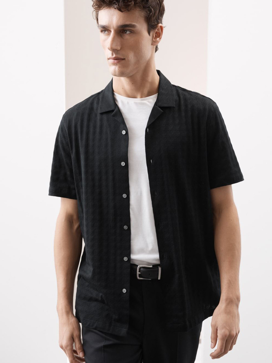 

Marks & Spencer Men Cuban Collar Solid Cotton Casual Shirt, Black