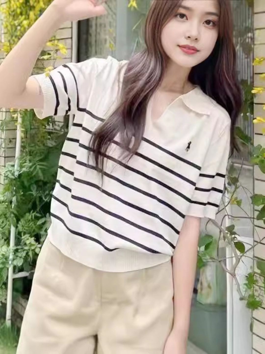 

KPOP Striped Short Sleeves Shirt Collar Shirt Style Top, White