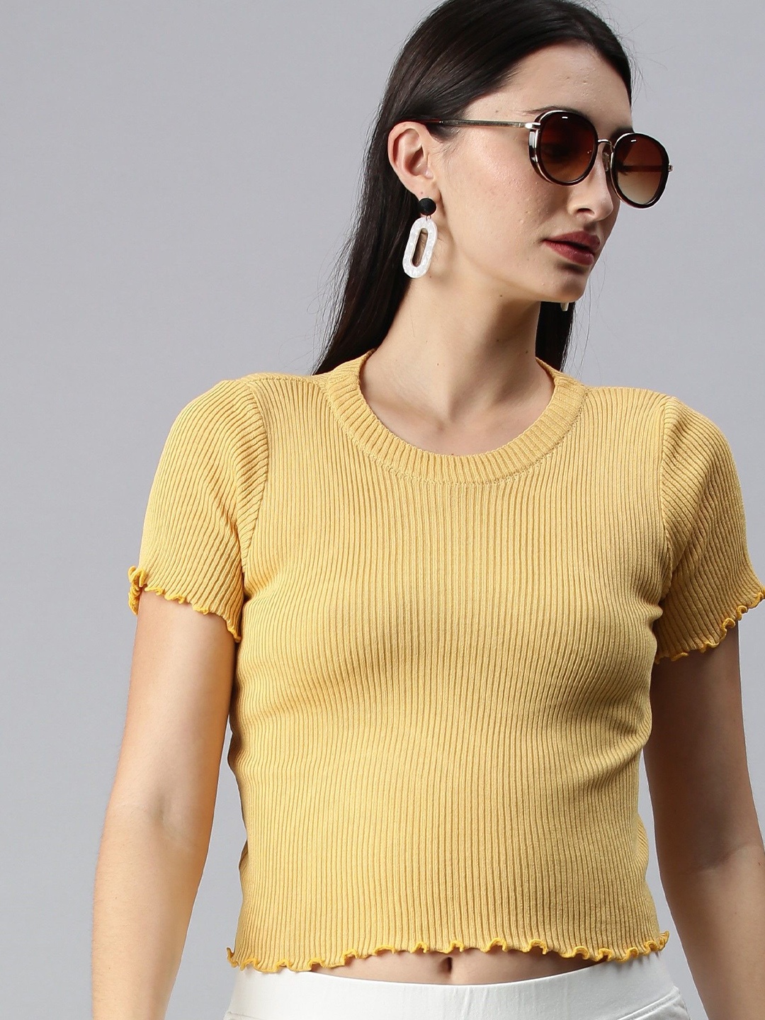 

SHECZZAR Women Round Neck Cotton Regular Top, Mustard